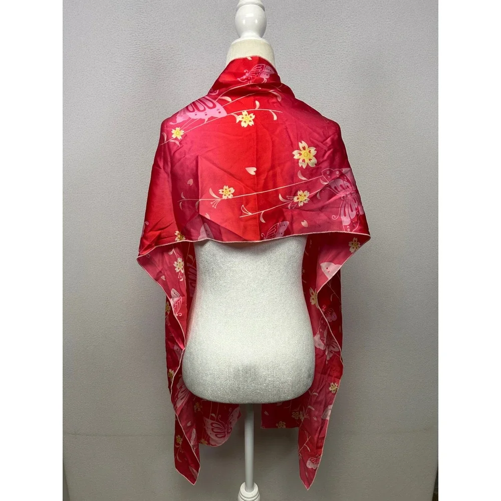 Y2K Whimsical Womens OS Red Pink Butterfly Floral Satin Long Scarf